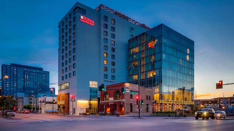 hotel exterior at dusk