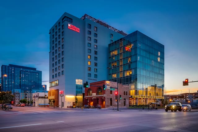 hotel exterior at dusk