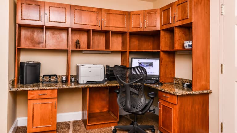 Corner Desk With Storage Shelves, Computer and Printer/Fax for Guest Use