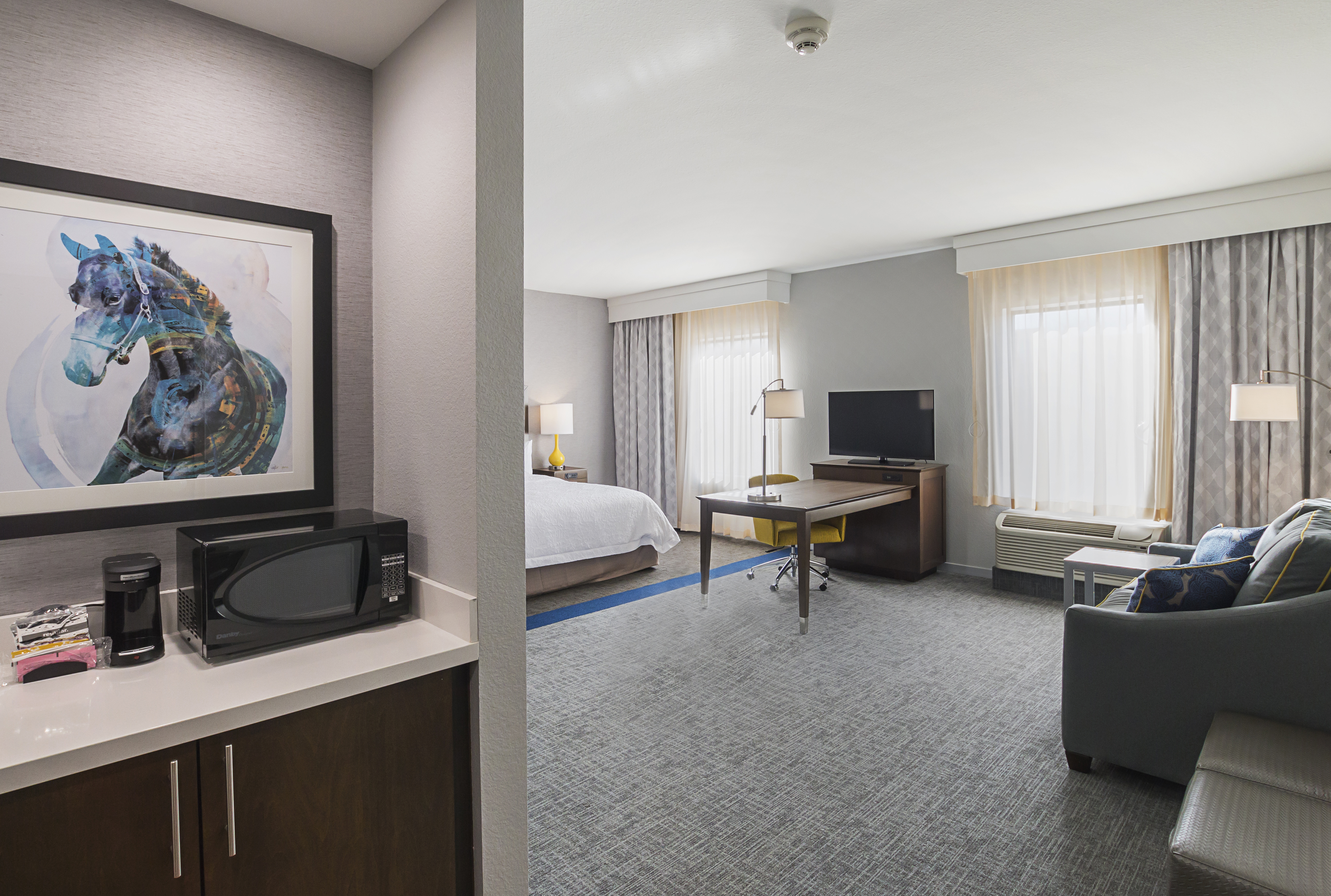 Hotel studio room with wet bar on left
  and sofabed on right with king-size bed around corner and next to
  entertainment center and desk