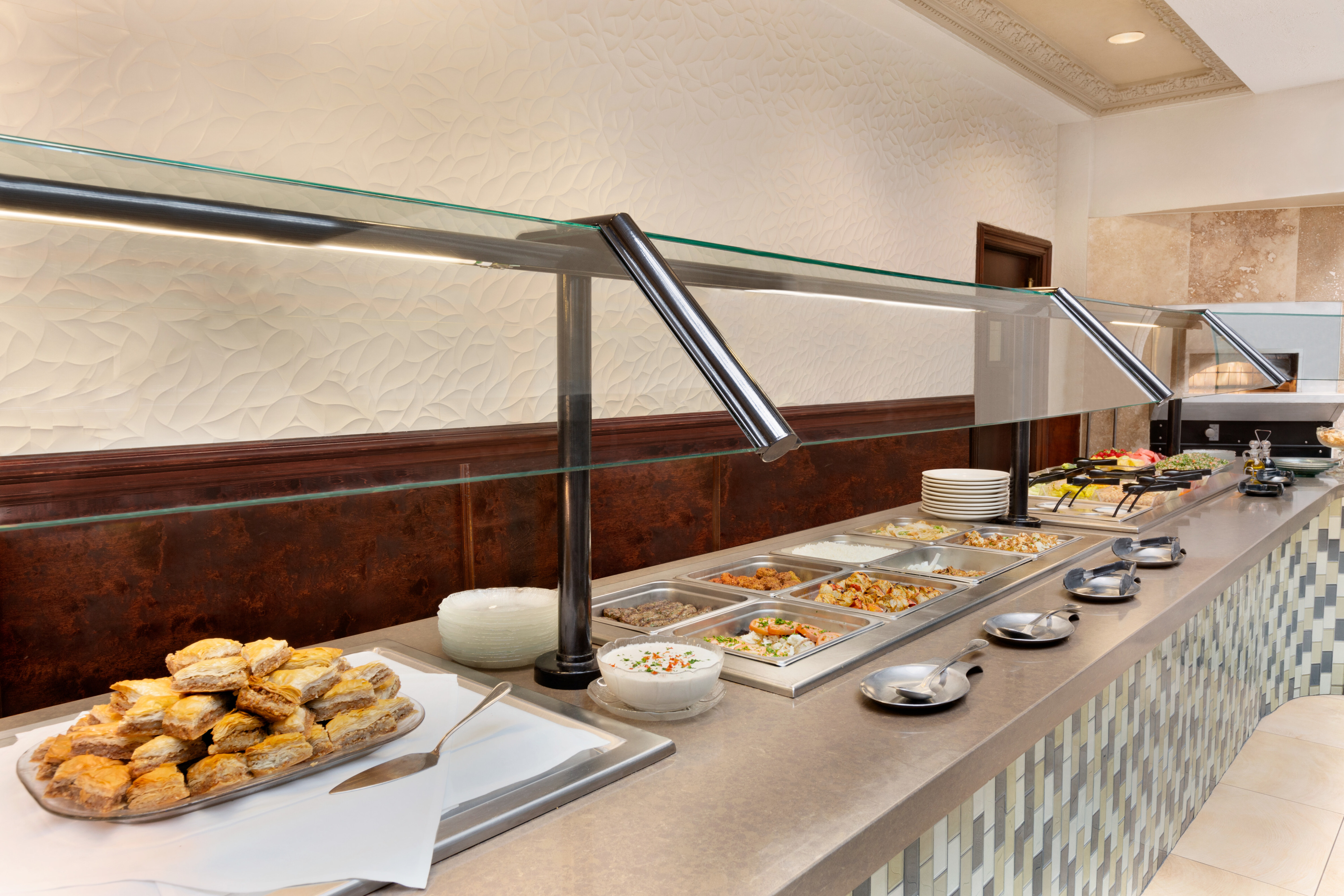 Buffet area with food options