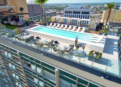 Aerial View of Hotel Rooftop Patio and Pool