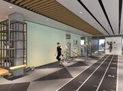 Rendering of fitness center with track and weights
