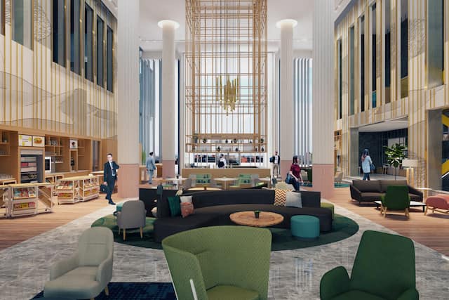 Rendering of lobby showing comfortable seating area