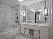 Bathroom with vanity, two sinks and tub