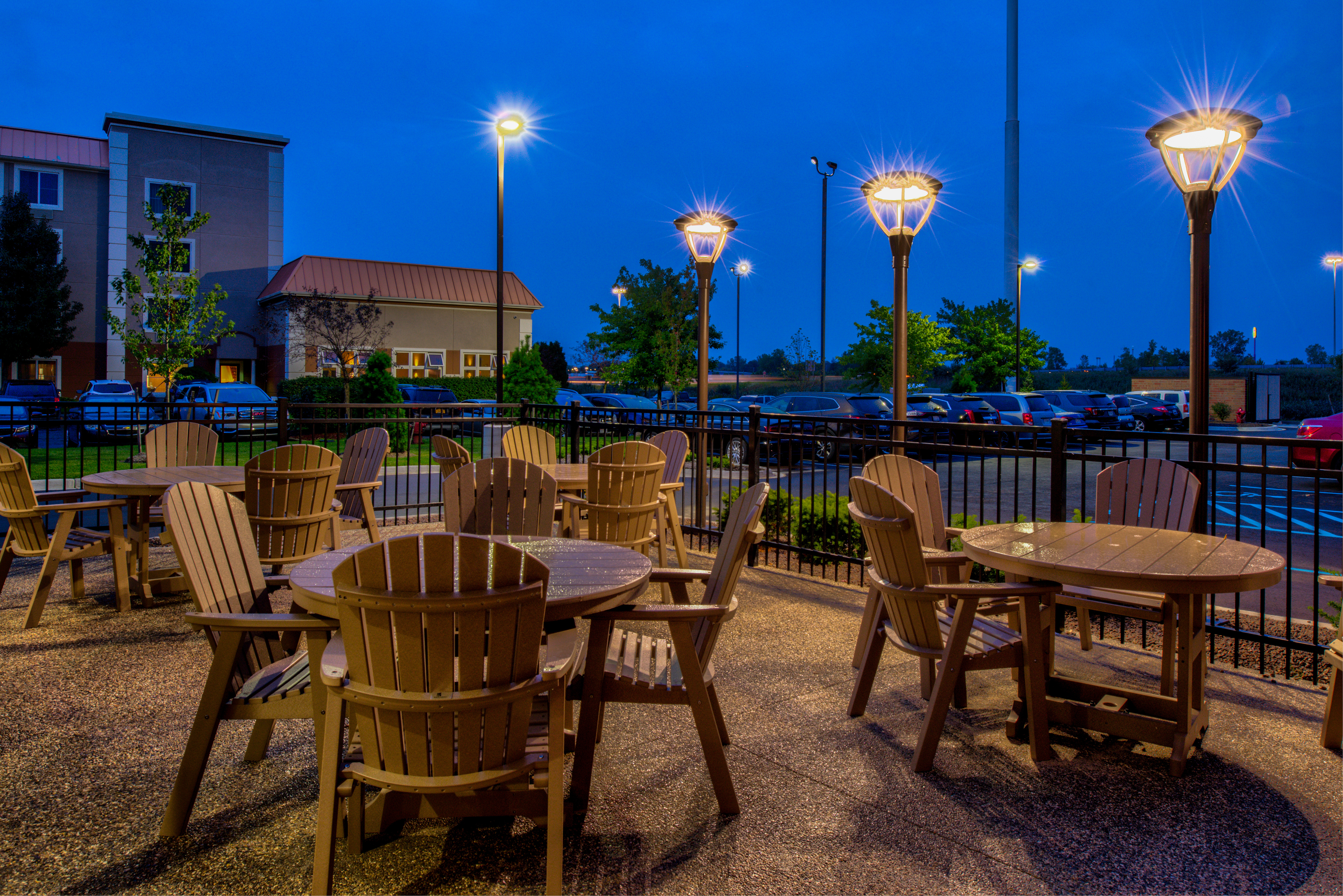 Outdoor Dining Area Deck Chairs and Table at Night
