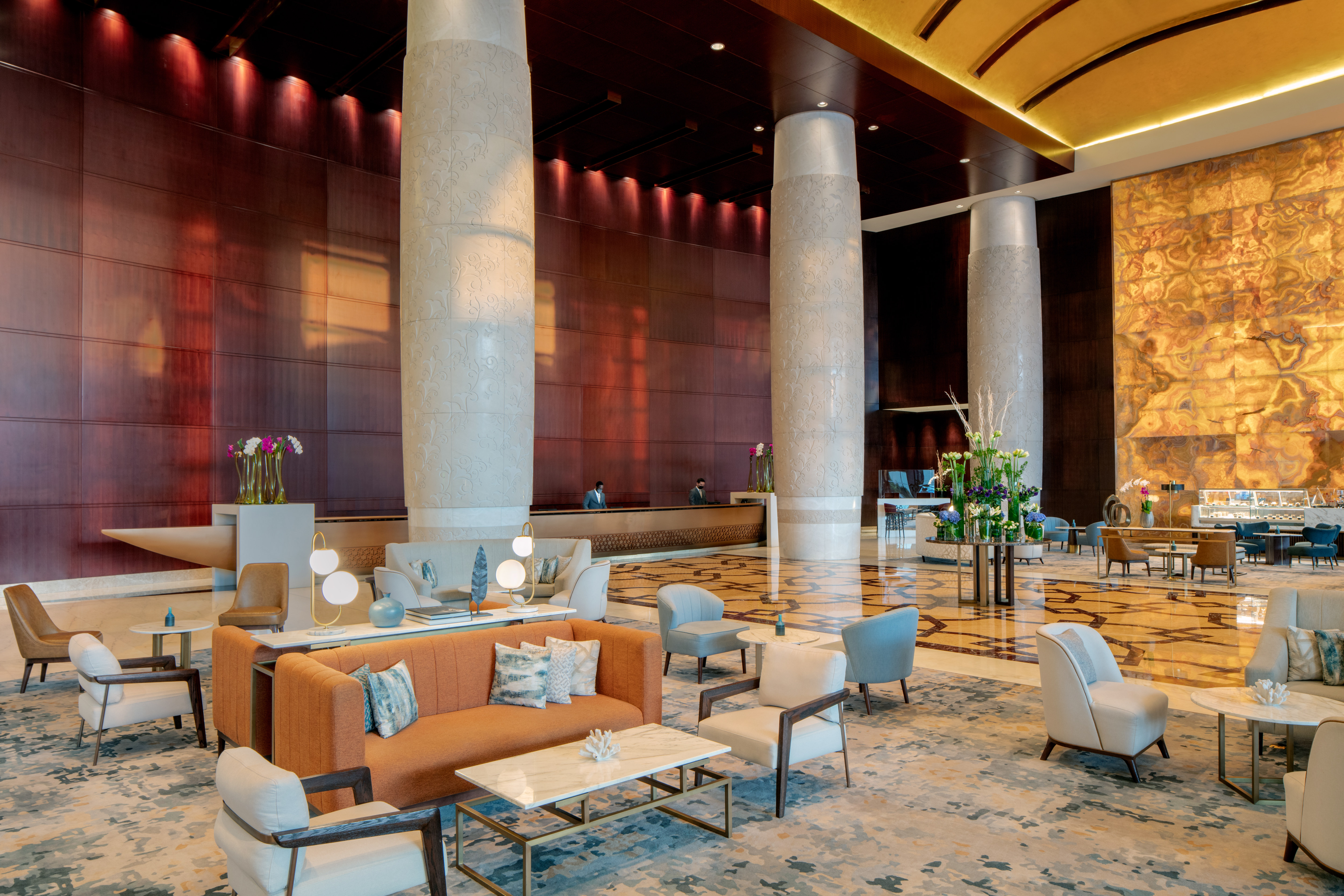 Seating Area in Lobby with Large Columns