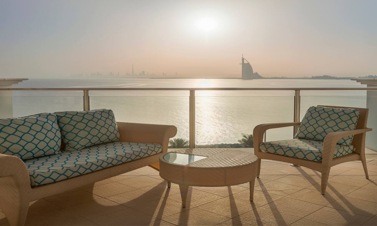 Uninterrupted sea views and Dubai Skyline from guest room balcony