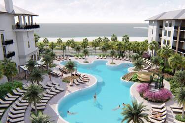 rendering of hotel exterior and pool