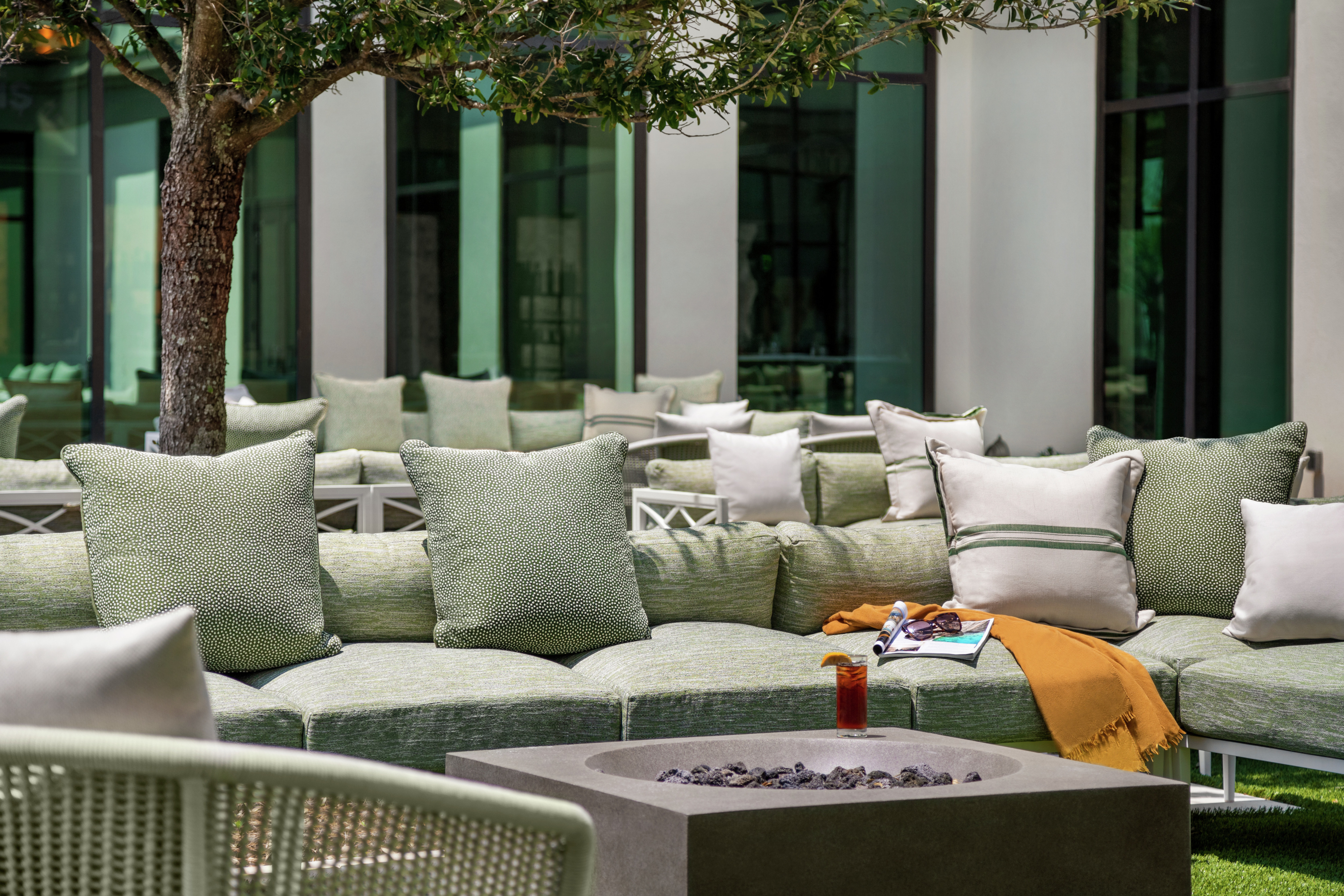 Detail shot of comfortable outdoor lounge area sofa to enjoy drinks and relaxation in the sun