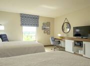 Two Queen Beds, Work Desk with Desk Lamp and Chair, Microwave, and Flat Screen TV in Accessible Guest Room