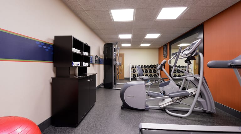 Exercise Ball, Cardio Machines, and Free Weights in Fitness Center
