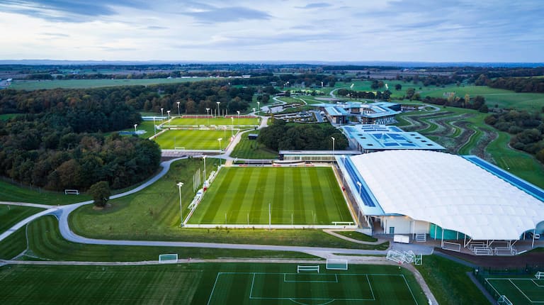 An aerial image of a European football pitch.