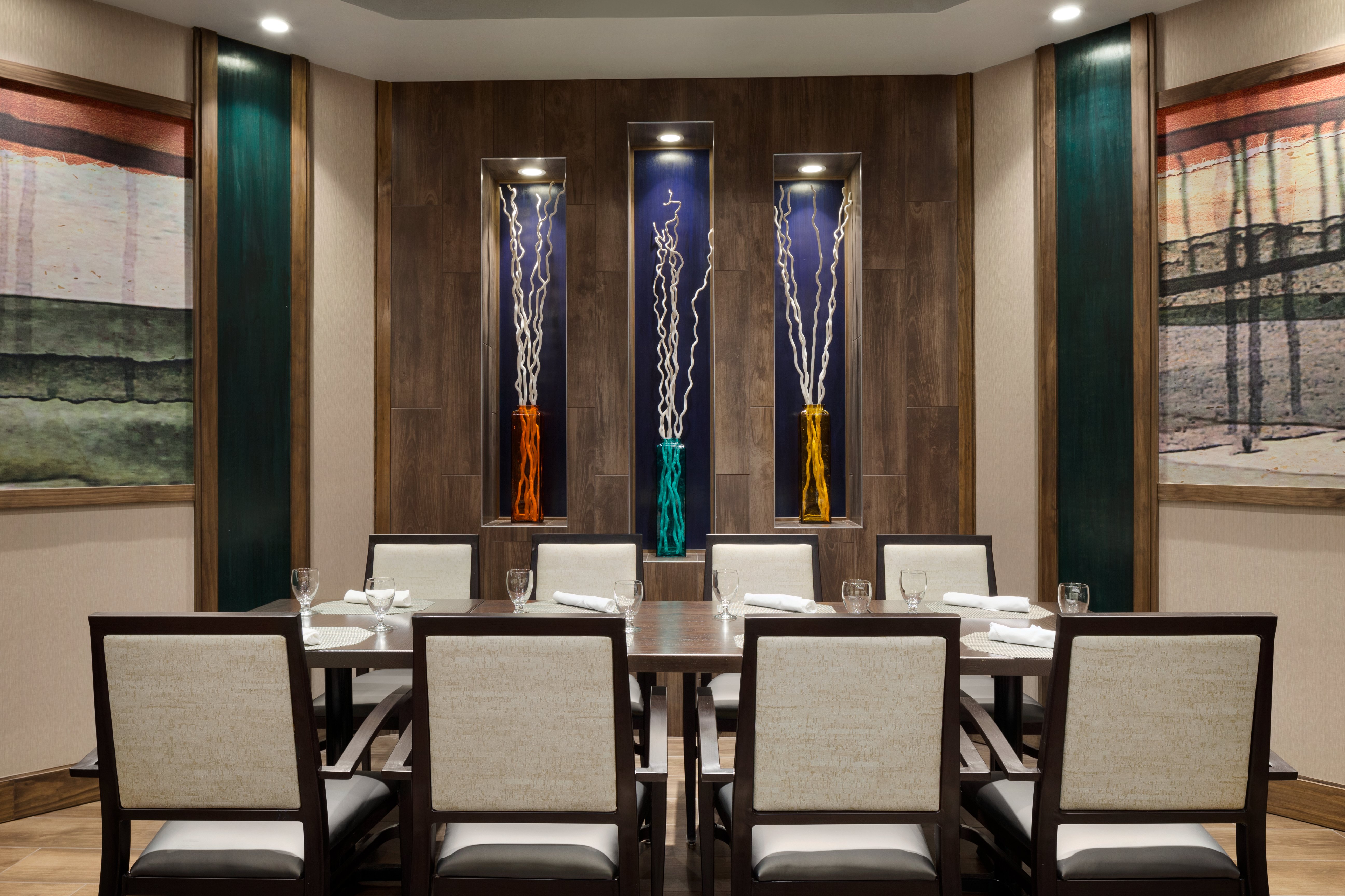 Wall Art and Seating for 8 at Table in Private Dining Area of Seasonz Restaurant