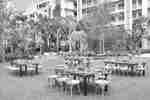 Hotel Garden Area with Dining Tables and Chairs at Daytime