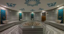 Overview of Turkish Bath  Interior With Ceiling Mural, Seating and Hand Basins