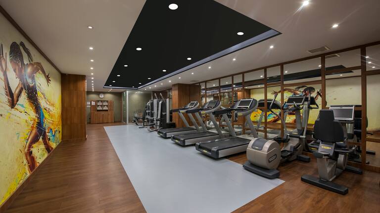 Fitness Center With Wall Murals, Towel Station and Cardio Equipment