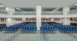 Meeting Room With Rows of Blue Chairs Arranged Theater Style for Presentation