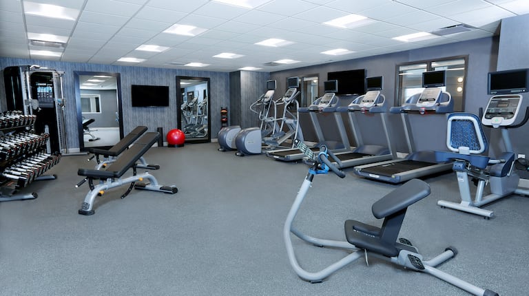 Fitness Center with Treadmills, Weight Benches, Cross-Trainers and Dumbbell Rack