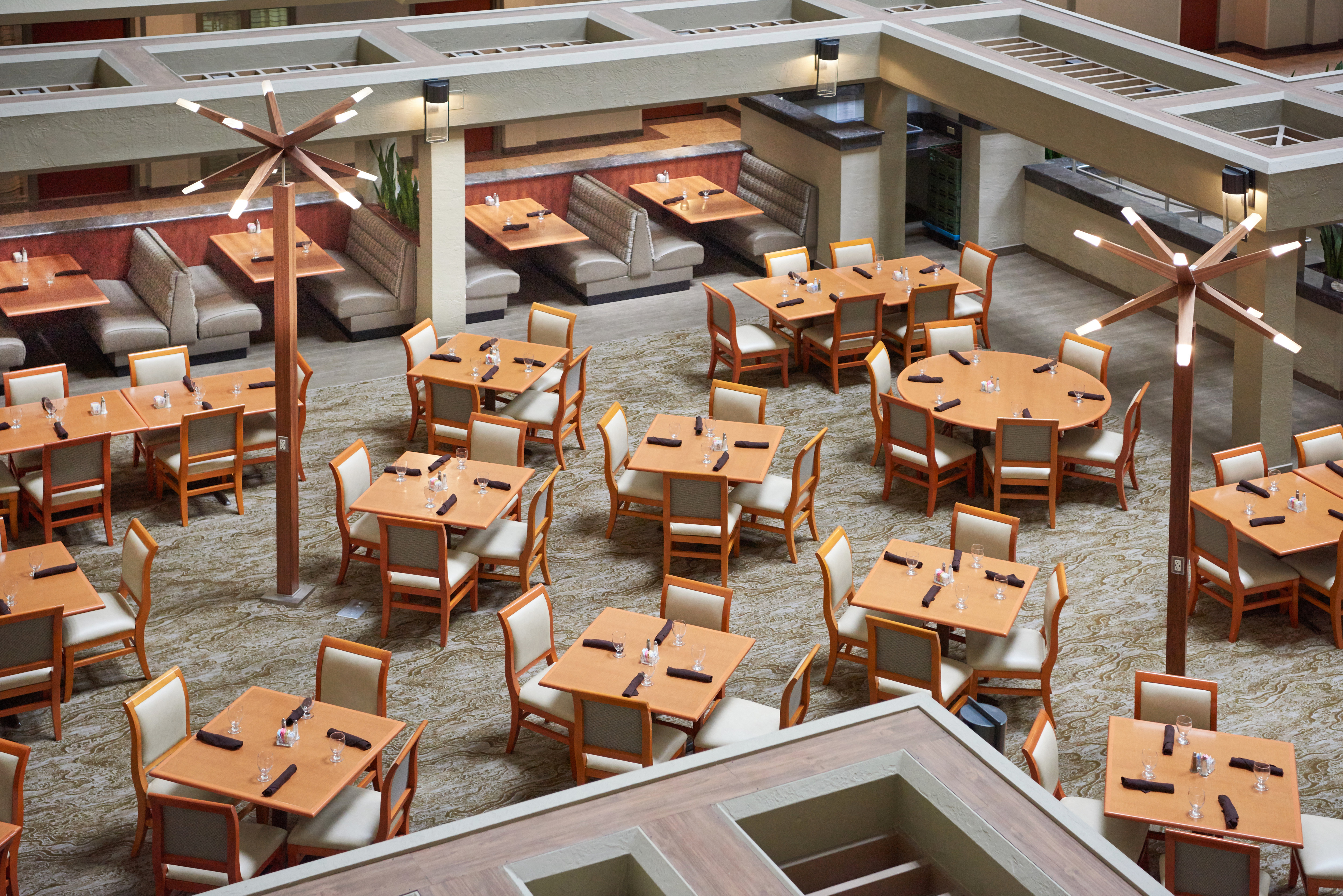 Overhead View of Dining Tables, Chairs and Booths at International Cafe Restaurant  
