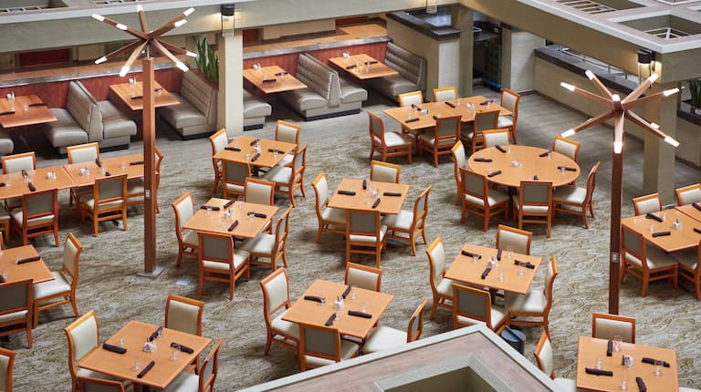Overhead View of Dining Tables, Chairs and Booths at International Cafe Restaurant  