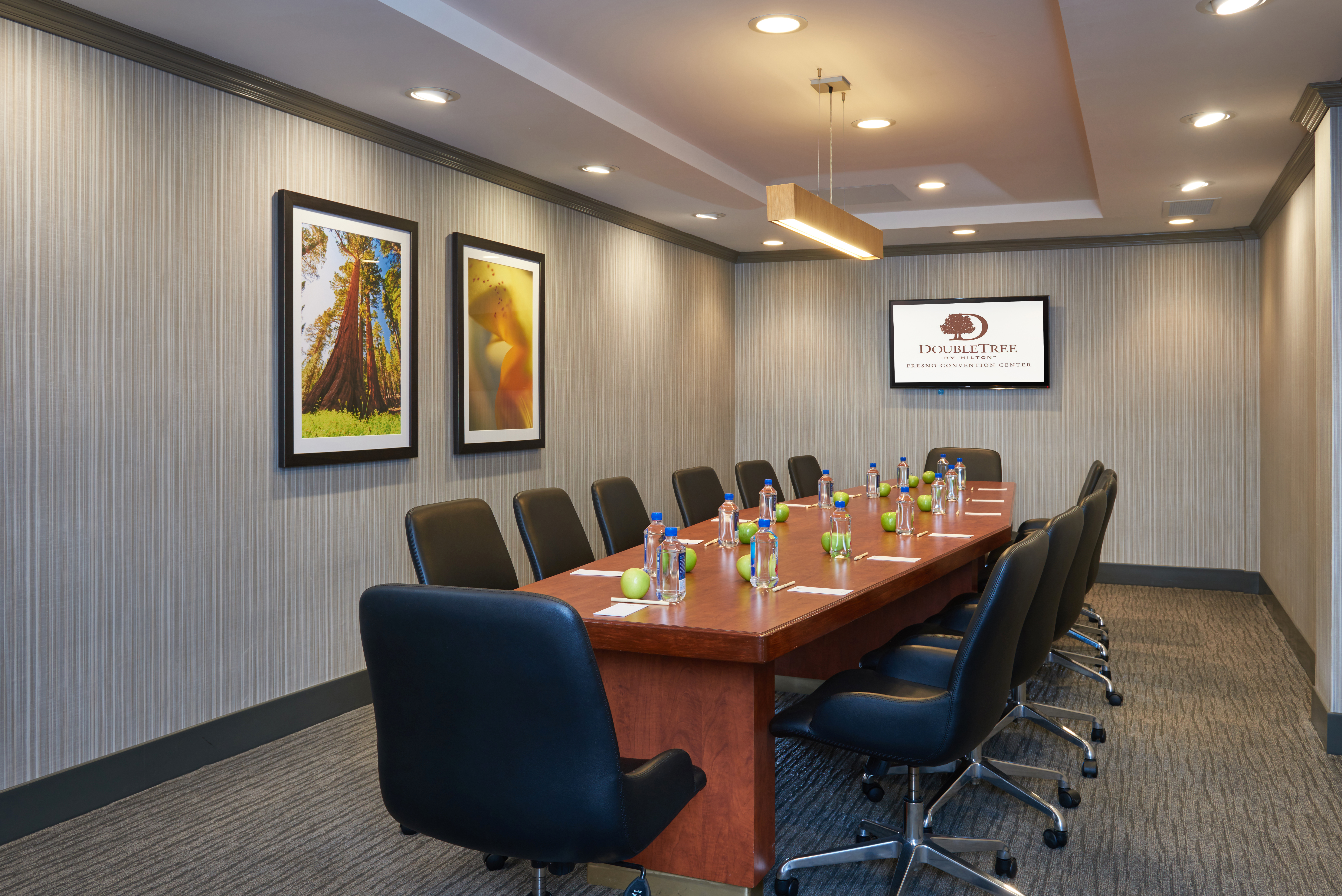 Wall Art, TV, and Seating for 14 at Large Table With Water Bottles and Apples in Boardroom