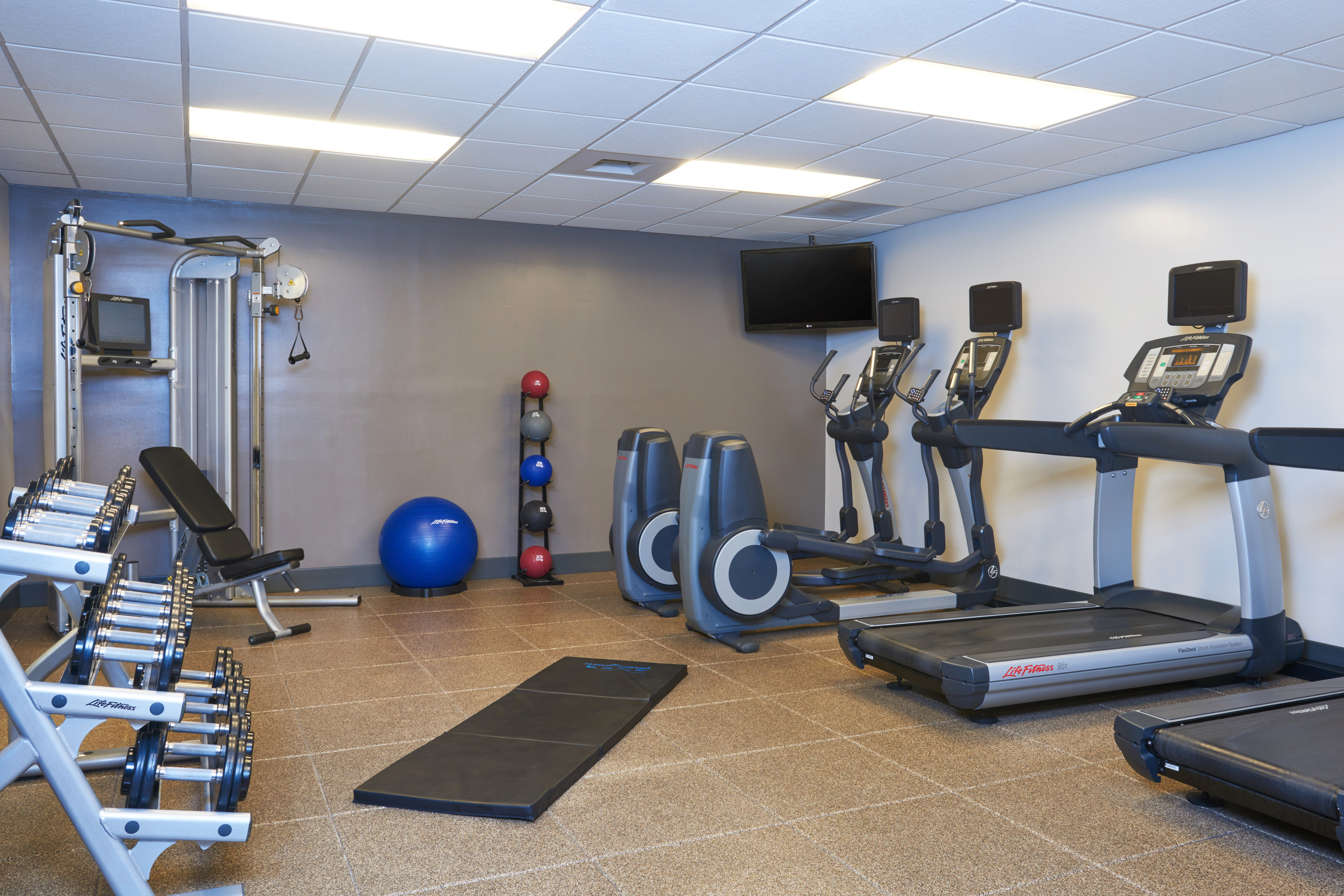 Fitness Center With Free Weights, Weight Machine, Weight Balls, Exercise Ball, TV, Cardio Equipment, and Floor Mat