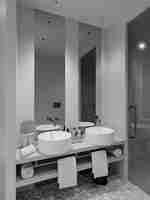 Koupelna s dvojitým umyvadlem a vysokým stropem