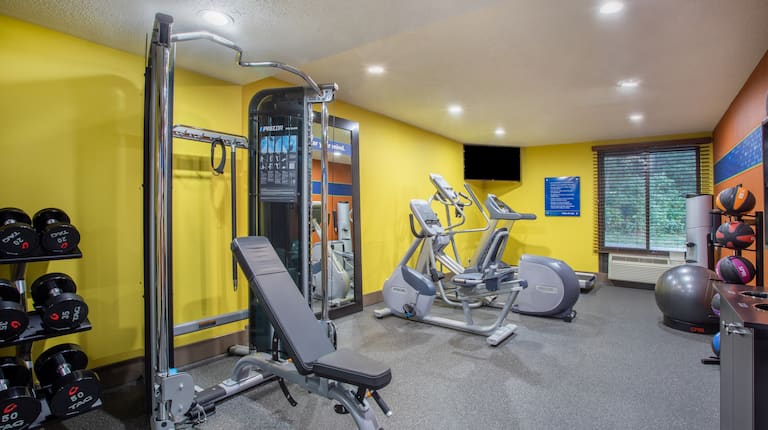 Fitness Center with Recumbent Bike Weights and Exercise Balls