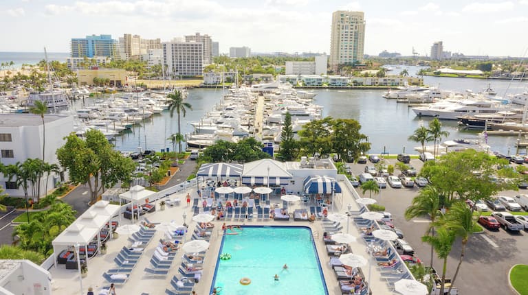 Aerial View of Pool Deck with Marina View