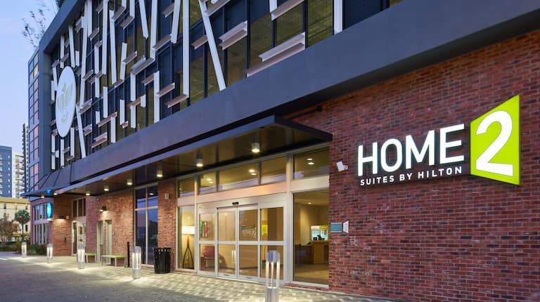 exterior entrance from street at dusk