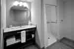 accessible bathroom with vanity and roll-in shower