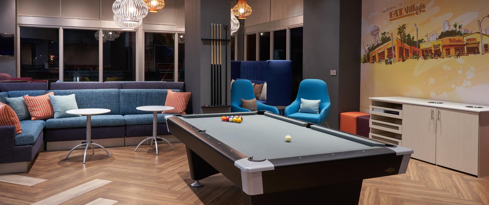 lobby seating area and pool table