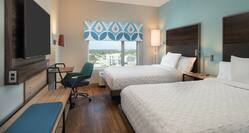 guest room, 2 queen beds, tv, work desk, window view