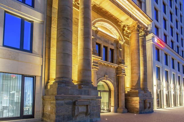 Hotel Building Exterior Front Entrance at Night