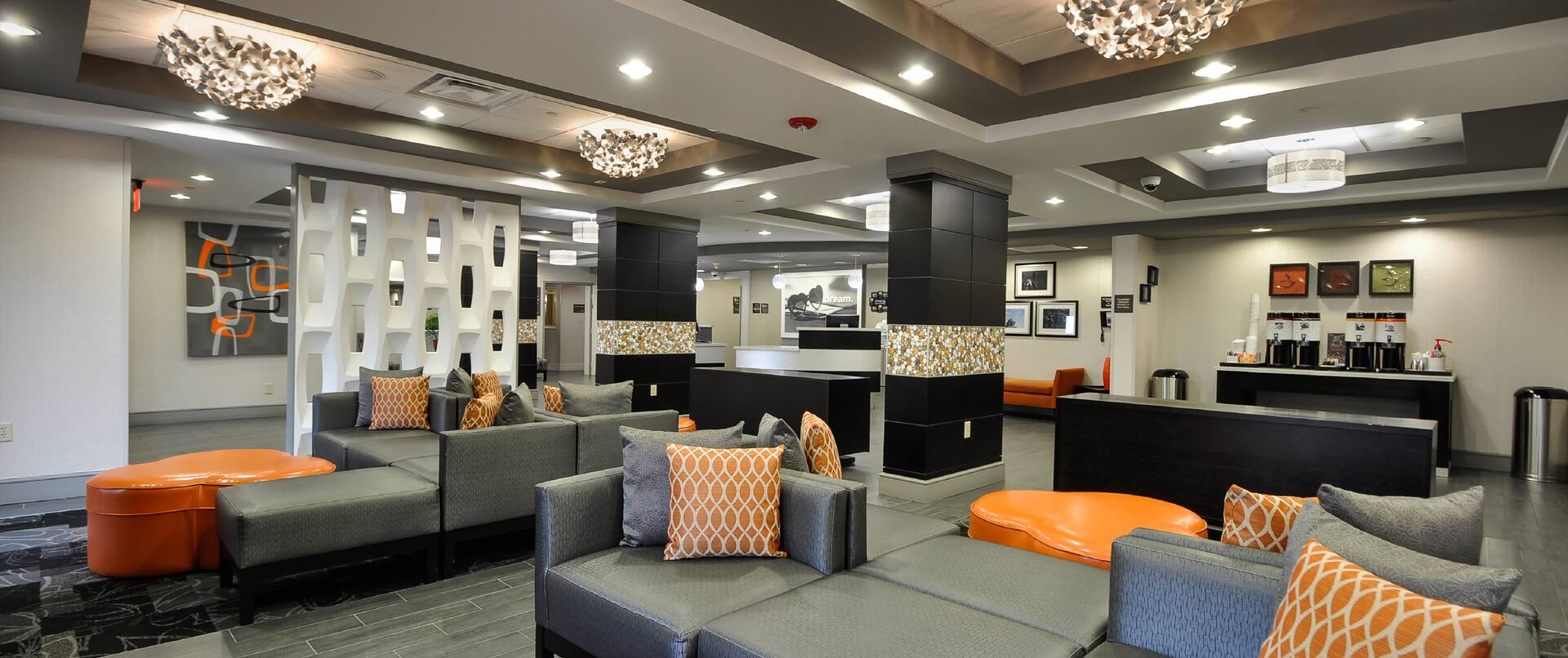 Hotel Lobby Seating Area with Sofa Seating and Coffee Station