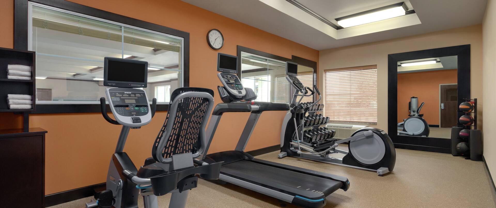 Spacious on-site fitness center fully equipped with cardio machines, free weights, and medicine balls.