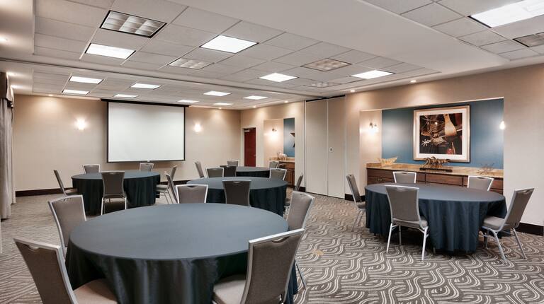 hotel meeting room, round tables, chairs