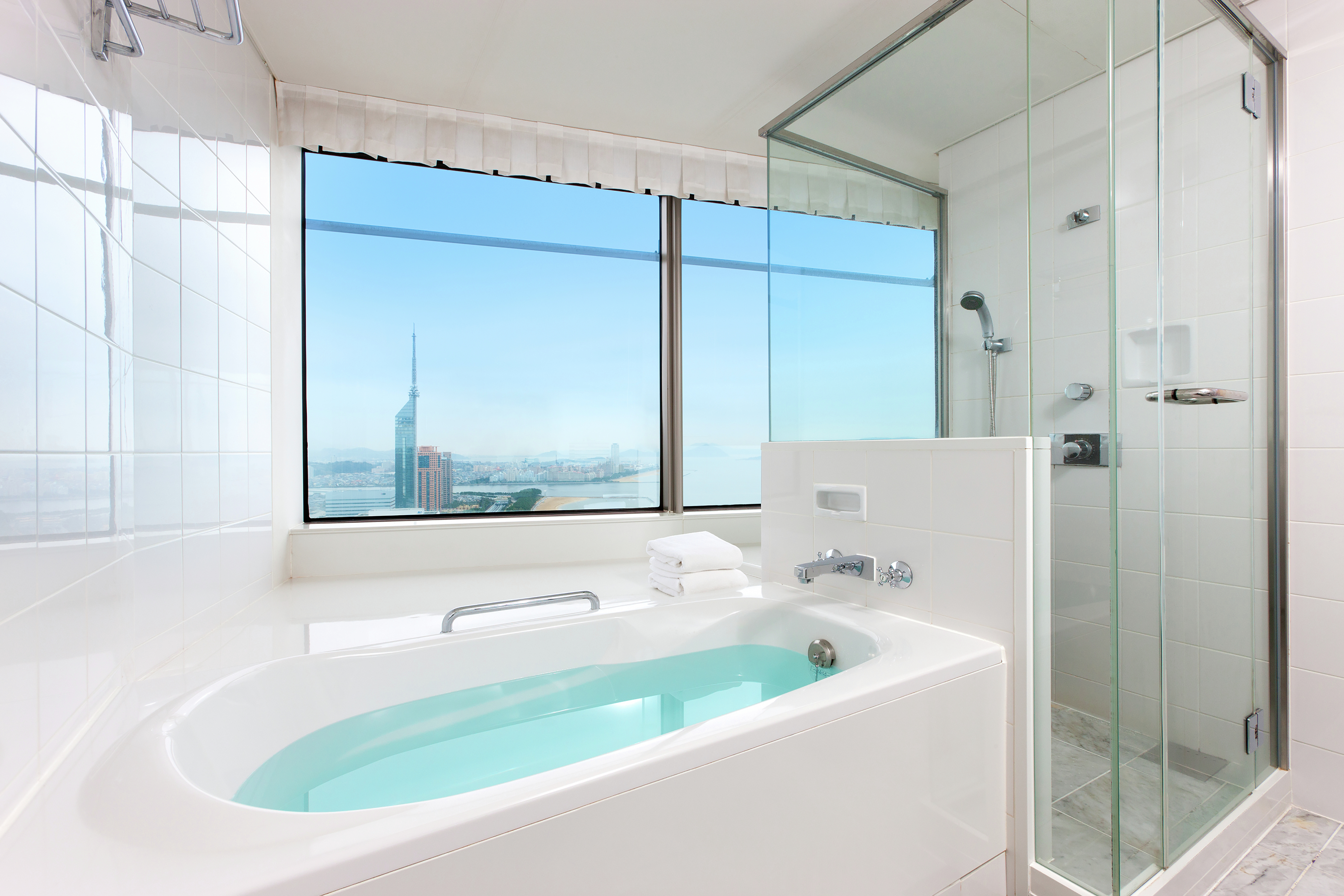 Panoramic Suite Bathroom with Outside View, Walk-In Shower, and Jacuzzi