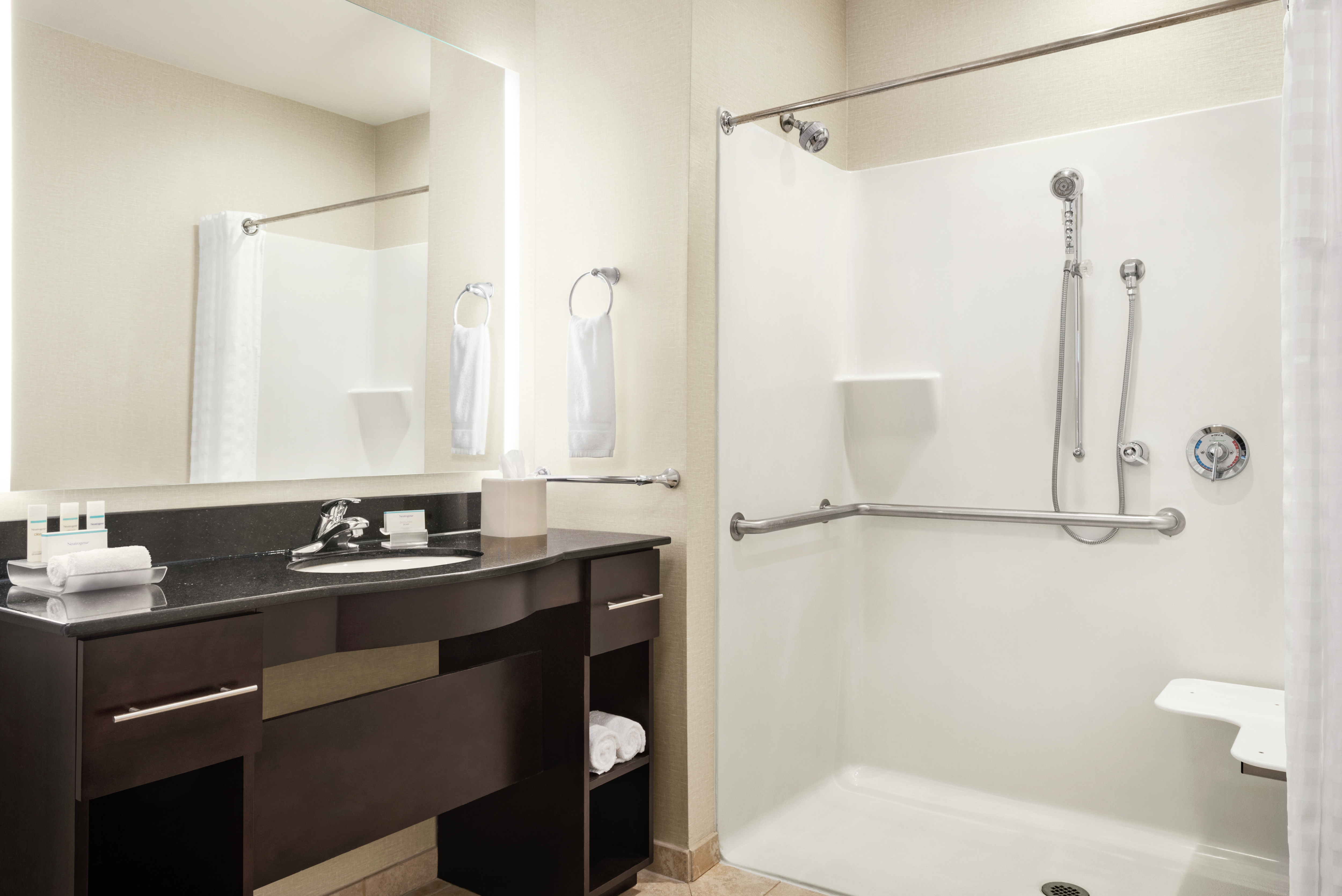 Spacious accessible bathroom with easy roll-in shower, in shower seat, vanity and large mirror.