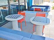 Outdoor patio with tables and chairs