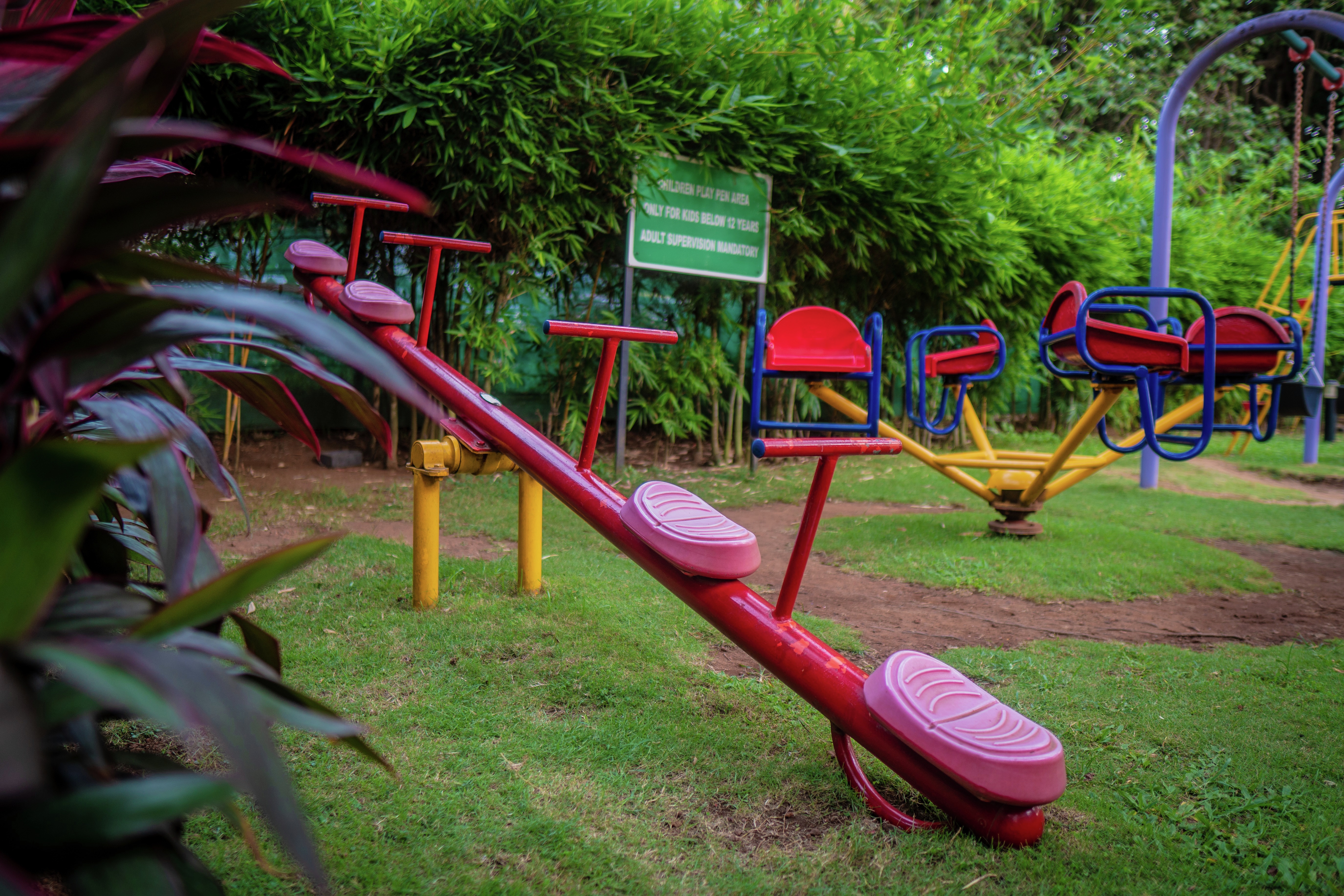 playground equipment on a grassy lawn