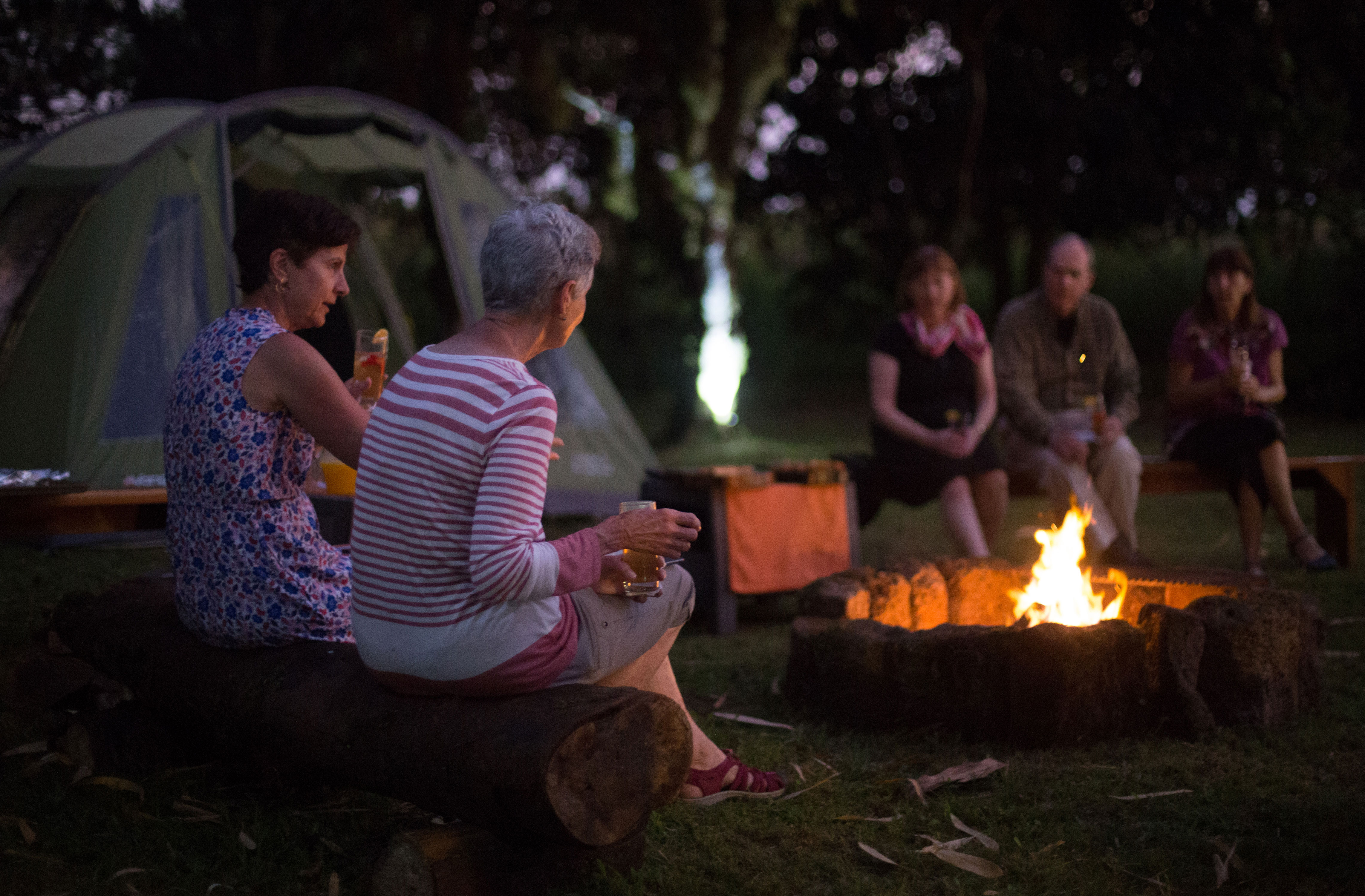 Guests gathered around a fire pit