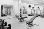 View of Free Weights, Large Wall Mirrors, Weight Benches, Grey Stability Ball, Weight Balls, TV,  and Cardio Equipment in Fitness Center 