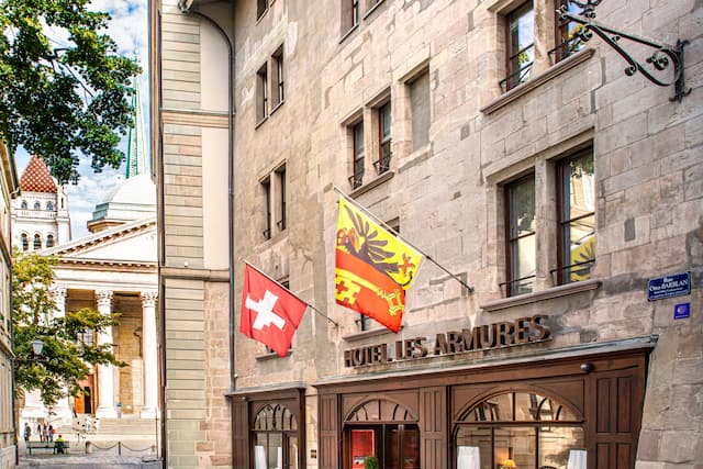 Hotel exterior with the country's flags Flying outside