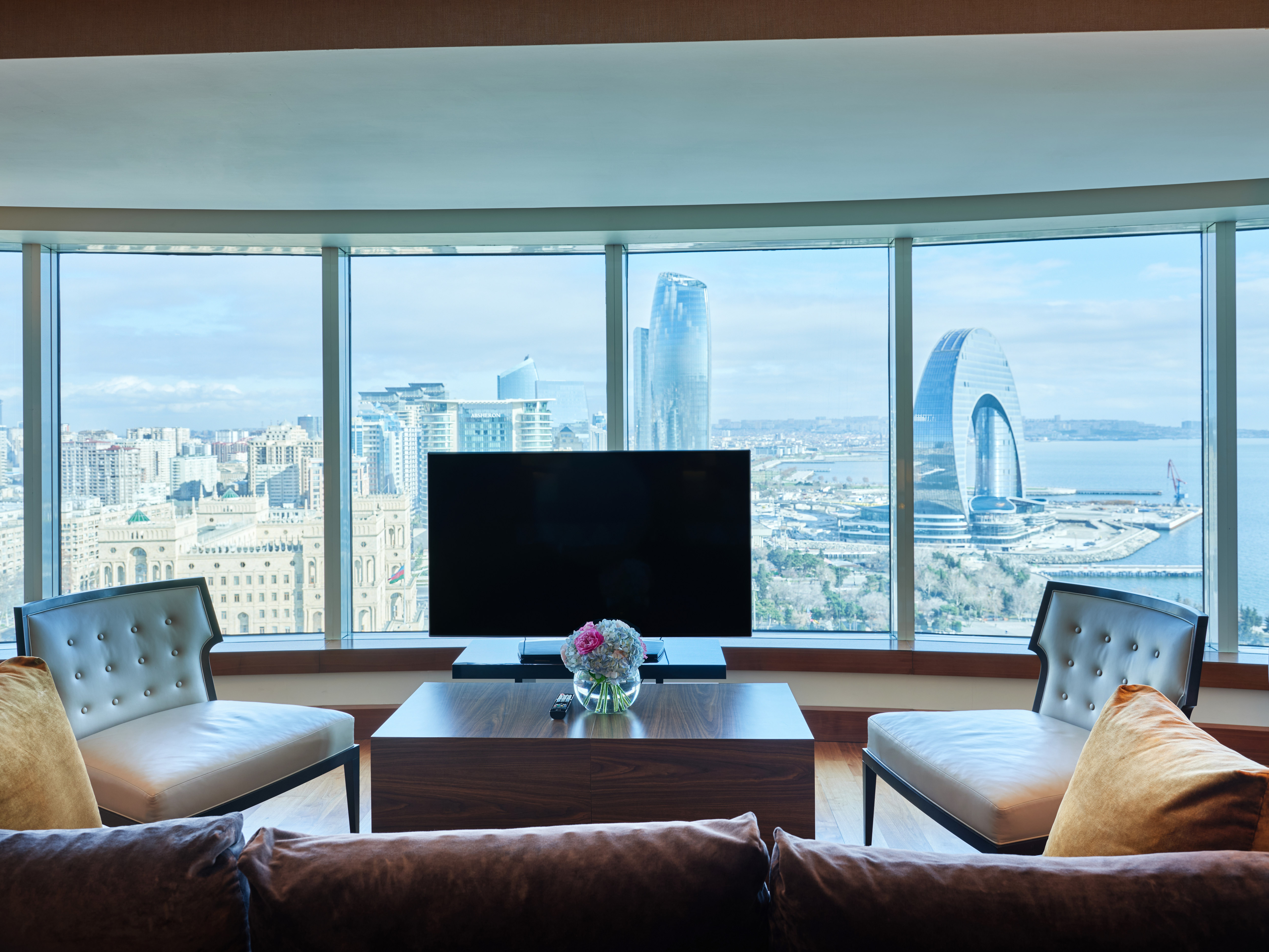 Suite Living Room Area with TV and Skyline View