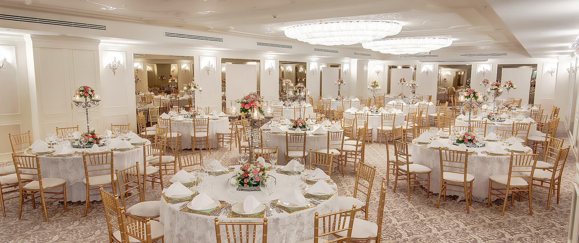 Meeting Room Wedding Reception Setup with Round Tables and Chairs
