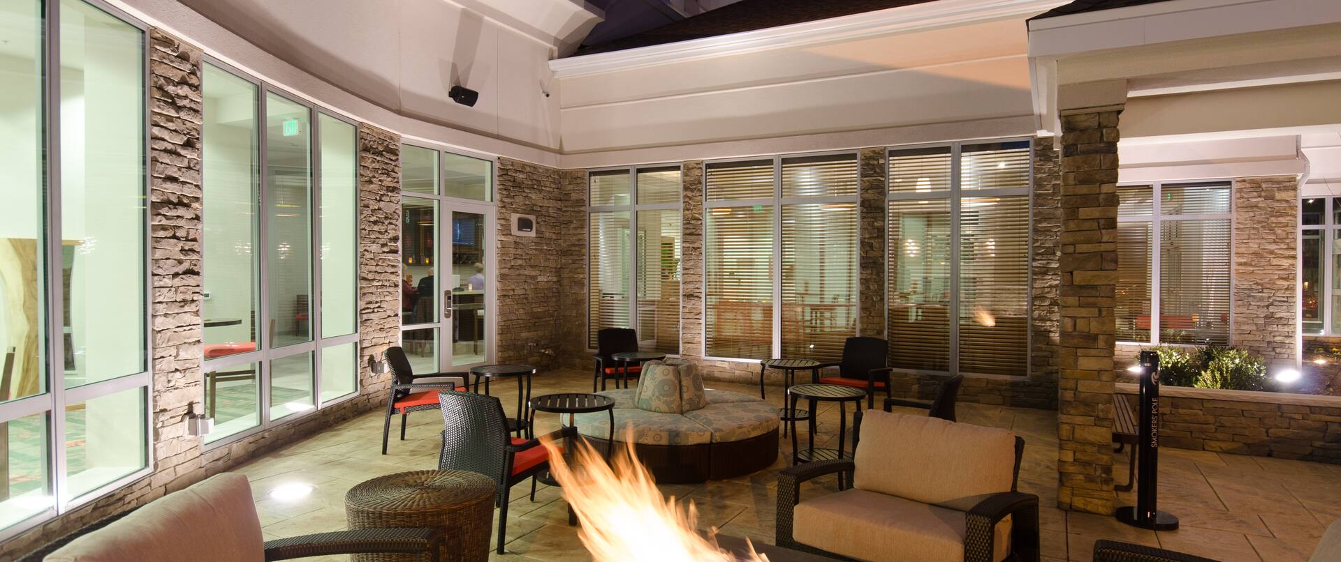Outdoor Seating Area and Fire Pit at Night