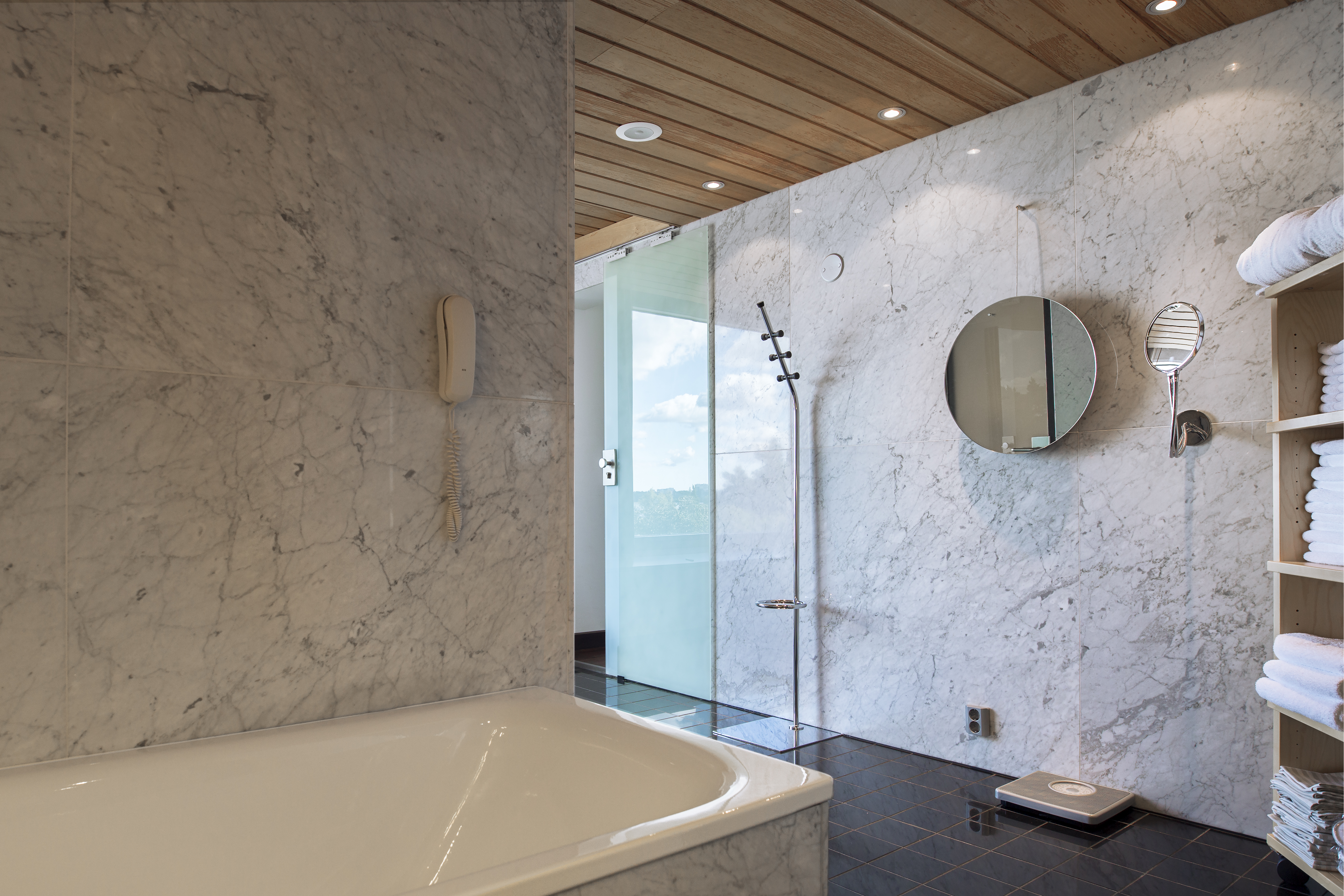 Marble Bathroom with Tub and Shower