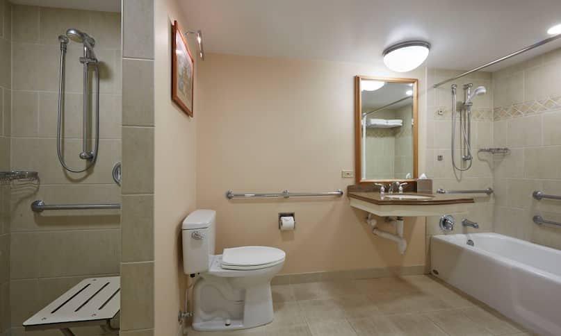 Salle de bain pour personnes à mobilité réduite avec douche adaptée et baignoire avec miroir, vasque et toilettes, transition antérieure